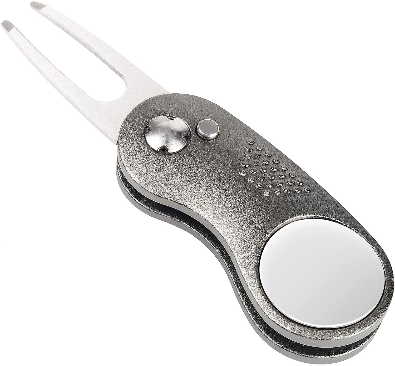Mile High Life All Metal Foldable Golf Divot Tool with Pop-up Button & Magnetic Ball Marker (Multi-Colors/Shape): Gray Curve