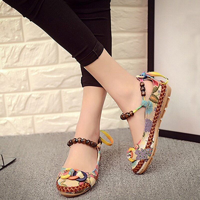 Mocasines coloridos étnicos con cordones y cuentas para mujer, zapatos planos de punta redonda cómodos, novedad