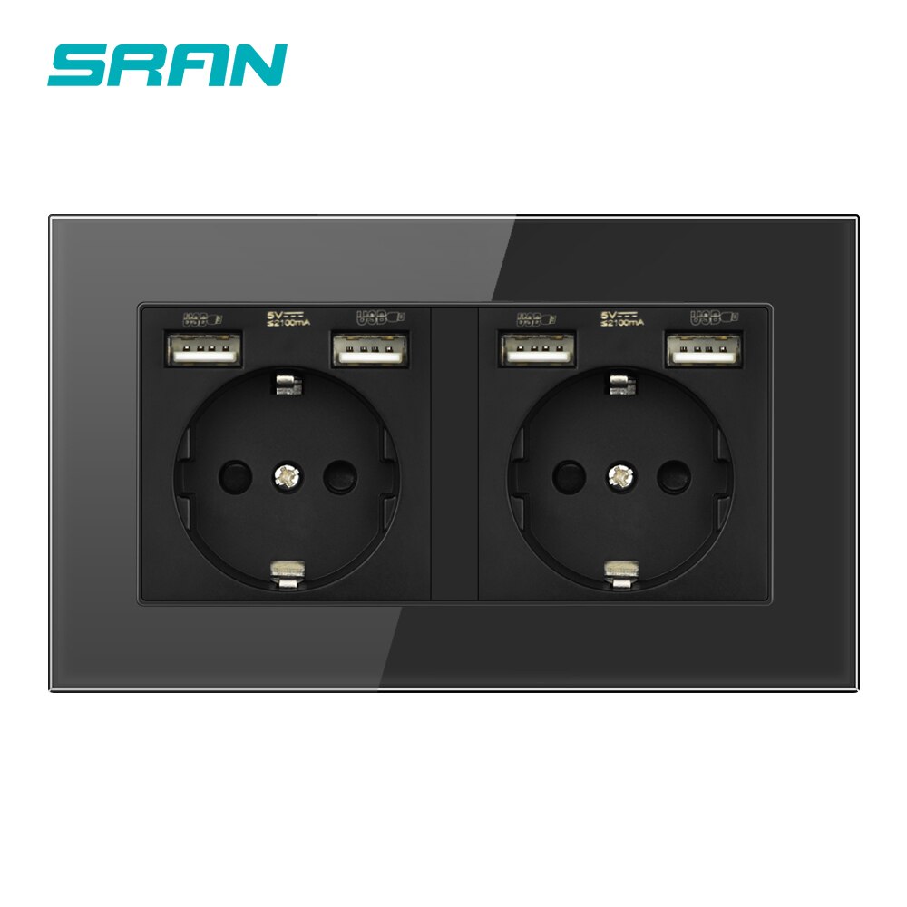 Sran eu standard vägg flerrams eluttag med usb-kontakt jordad svart glas dubbel usb-uttag 4 laddningsportar: 146 a6 svarta 2 geuusb