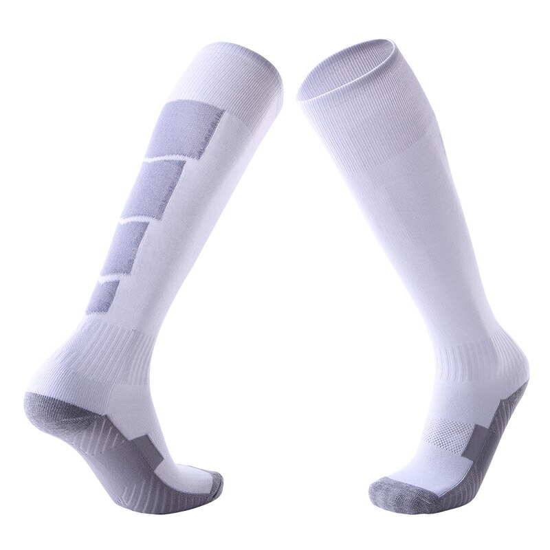 Men Women Non-slip Over Knee Football Socks Thick Towel Soccer Stockings Sweat-absorbent Wear-resistant Sports Socks SKJ035: white gray