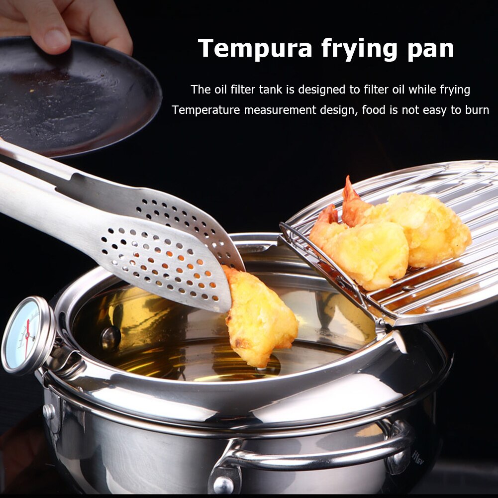 20 24 cm Japanese Tempura Deep Frying Pot with Thermometer and Lid Stainless Steel Kitchen Tempura Fryer Pan Cookware