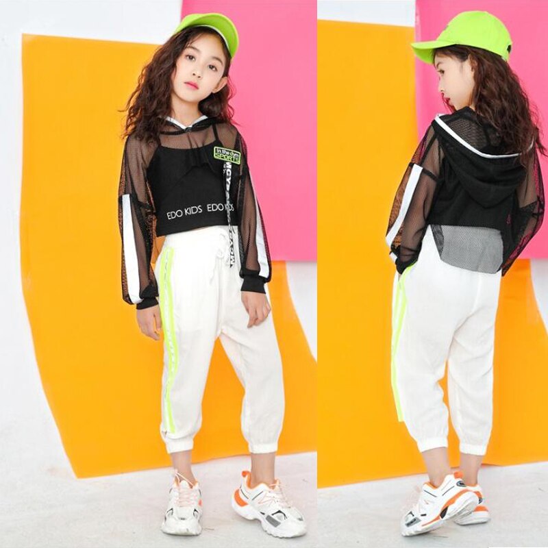 Vêtements de danse Hip Hop pour enfants, sweat à capuche, t-shirt, hauts, pantalons de jogging blancs pour filles, Costume de danse Jazz, vêtements de rue