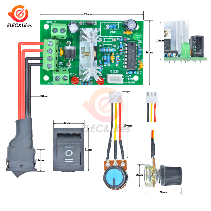 Controlador de velocidad del Motor Reversible CC 6-30V 10A L0371, de 80W, alto Torque ajustable, regulador de velocidad PWM, Control potenciómetro de conmutación