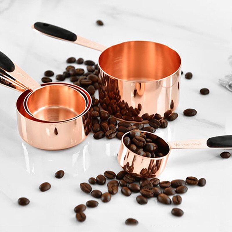 Household Kitchen Dining Bar Baking Tools Walnut Wooden Handle Copper Plating Measuring Cups Spoon Cake Sugar Tools Set