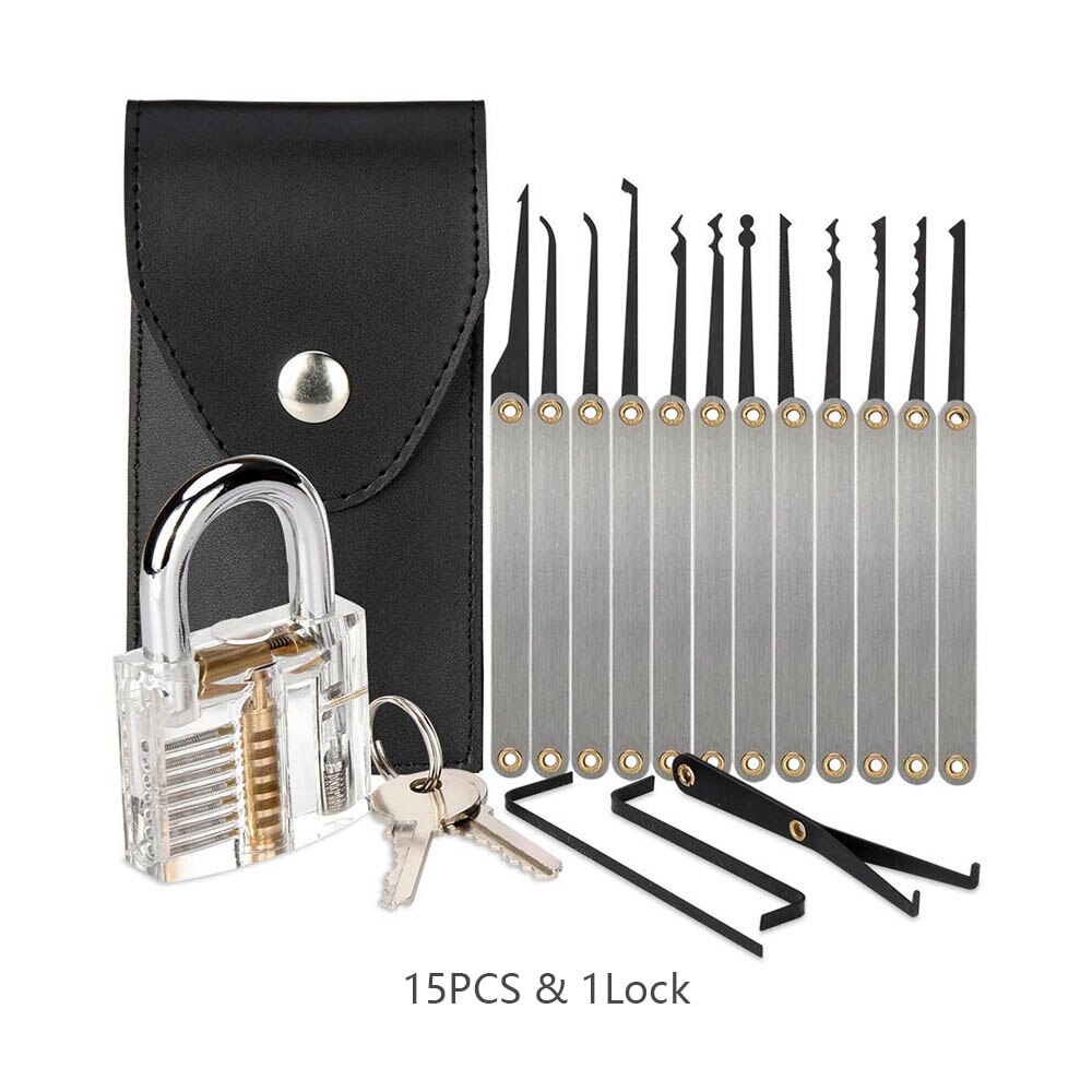 Locksmith Supplies Hand Tools With Practice Lock Pick Set Tension Wrench Broken Key Tool Combination Padlock Hardware Tools: 1 Transparent Lock / 15Pcs Lockpick Tools