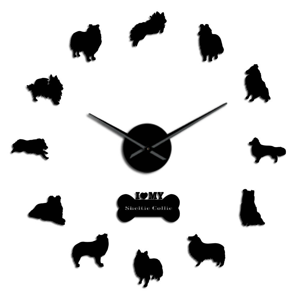 Sheltie Collie perro raza silencio cuarzo DIY pared reloj Sheltie Shetland Sheepdog cachorro sin marco Reloj de pared rugoso Collie Pet reloj: Black / 27inch