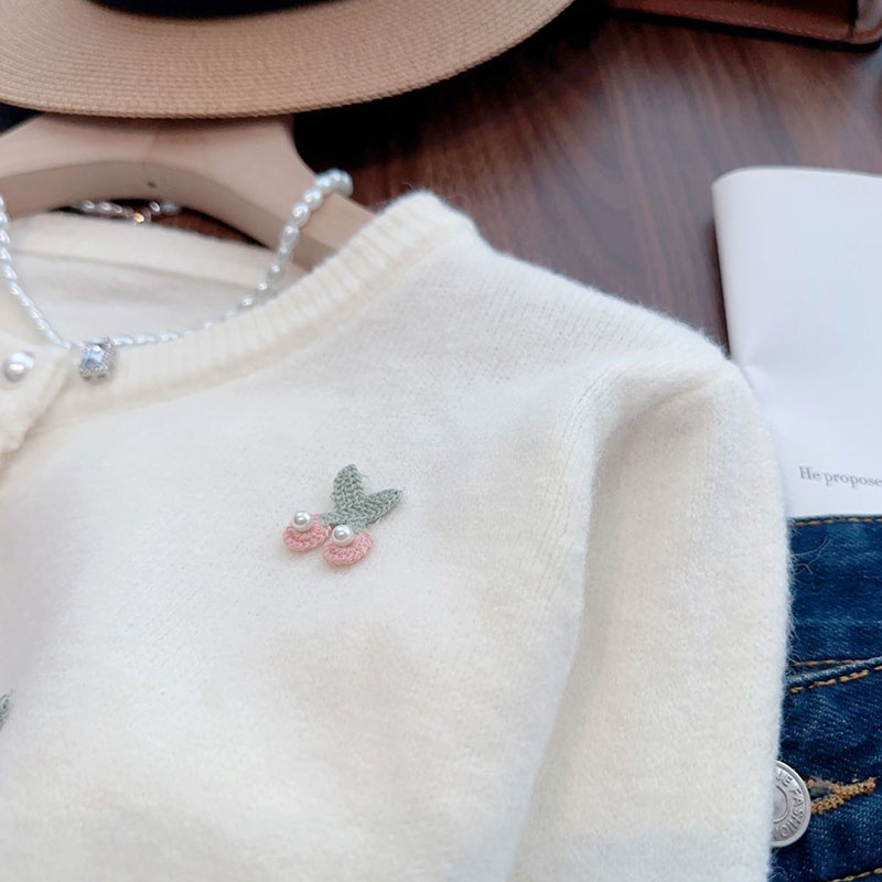 Rosa søte perler dekorerer genser cardigan dame koreansk trykk o-hals strikkegenser dame langermede matchende strikkede topper