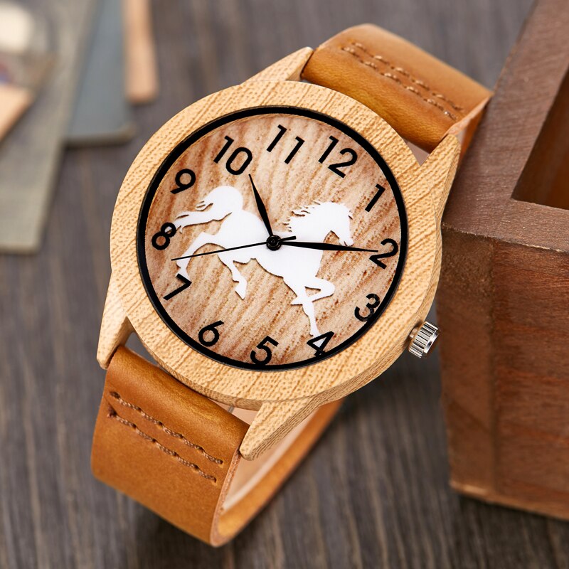 Bambu eller häst imitation trä klocka män kvinnor par armbandsur trä klockor akryl hane brun armbandsklocka reloj