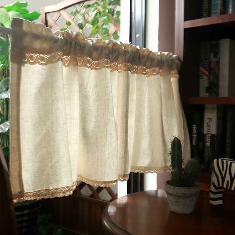 finished curtain for kitchen caffee curtain cotton linen lace curtain short