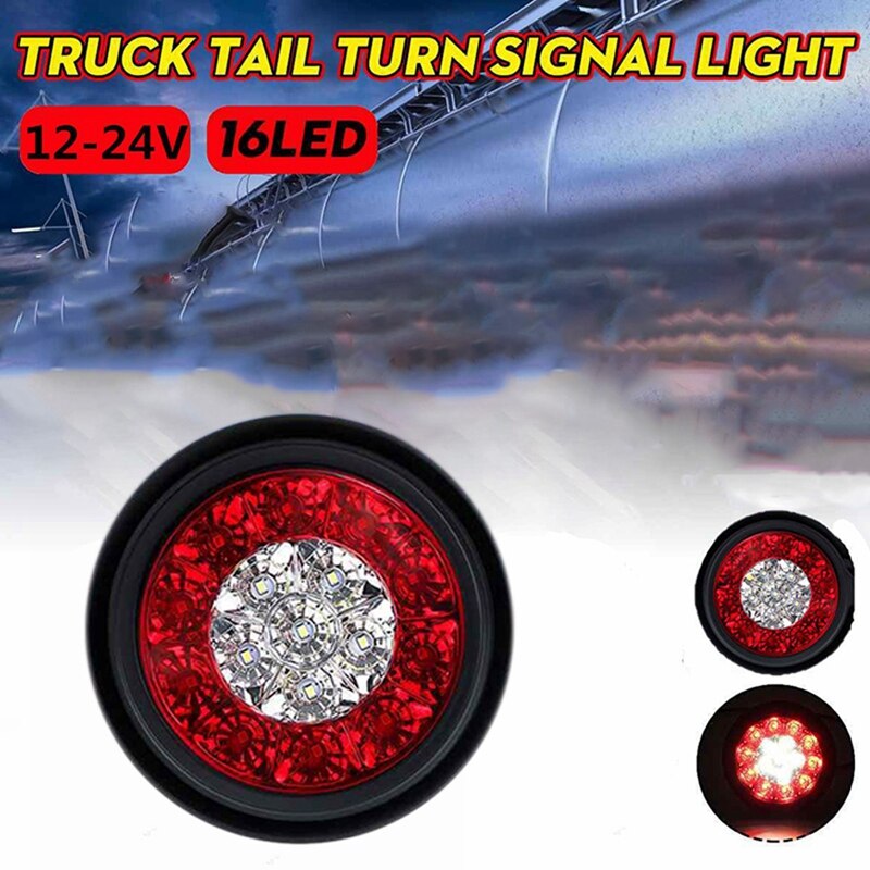2X 4Inch Rood/Wit Ronde Staart 16-Led Stop Brake Knipperlichten Truck Trailer