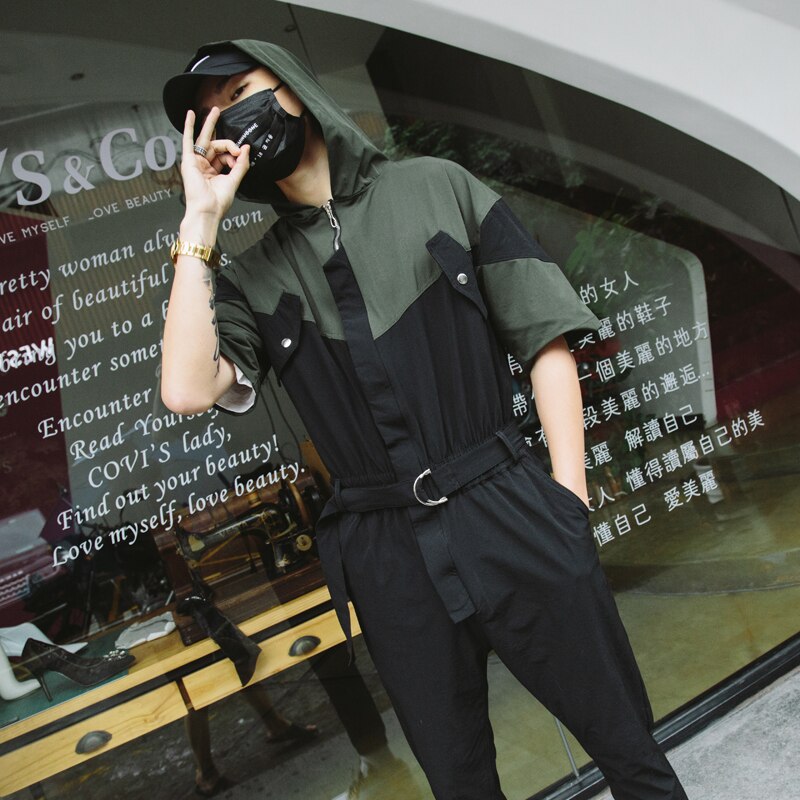 Jumpsuit herre romper et stykke overalls bomuld herre hætteklædte kortærmet afslappet streetwear hiphop bukser mandlige tøj plus størrelse
