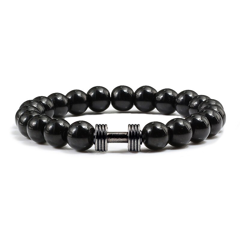Kausalen Männer Armband Schwarz Natürliche Stein Lava Perlen Legierung Fitness gym Hantel Armbänder Armreifen Charme Frauen Männlichen Outdoor Schmuck: Bright Black