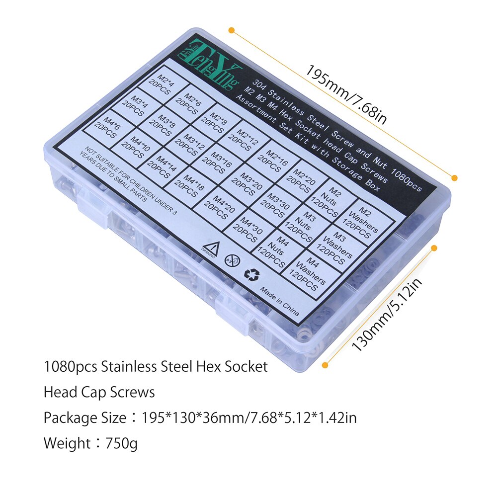 1080pcs/Lot M2 M3 M4 Button Head Hex Socket Screw Bolt Nut Stainless Steel 304 Screws Nuts Assortment Kit Fastener Hardware