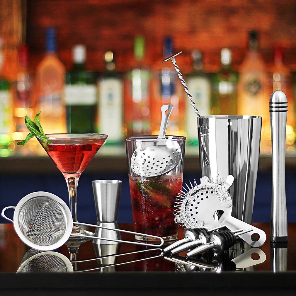 Kit de ustensiles de Bar avec support carré en bois | Ensemble de cocktails en acier inoxydable de 23 pièces pour Bar, outils de Bar de fête de boissons
