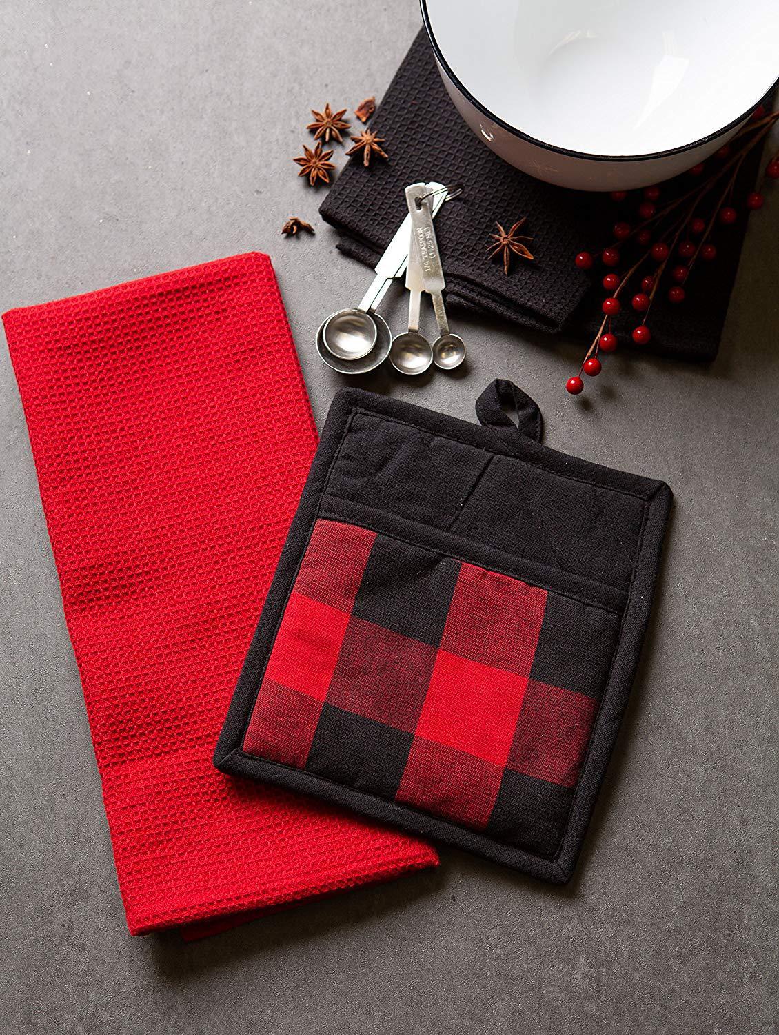 2 Pack Buffalo Check Pot Holders Cotton Potholders Buffalo Plaid Cloth Gloves Pocket Set Kitchen Collection Check Plaid Set