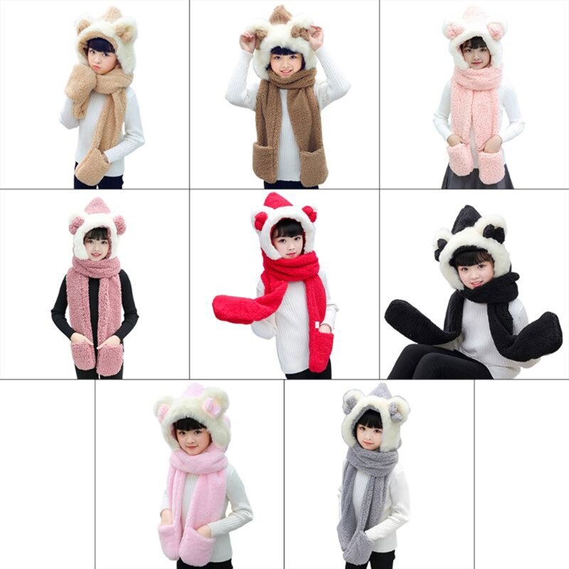 Toddler 3 In 1 Warm Plush Winter Hat Cute Bowknot Bear Ears Kids Scarf Mitten Gloves with Pockets Earflap Hoodie Cap
