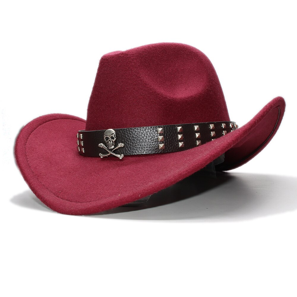 Sombrero de ala ancha de lana para niños, gorra de Fedora, banda de cuero con Calavera, Estilo Vintage Retro, vaquero, Occidental, ajustable, 54cm: Wine