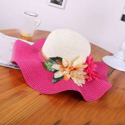 Sombrero de paja con flores para madre e hija, sombrero flexible de ala ancha para playa, verano,: Rose red