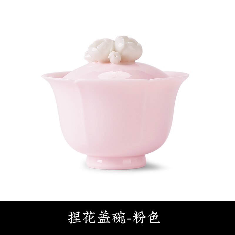Cover Teacup Handmade Single Colored Glaze Petals Ceramic Tea Bowl Kung Fu Tea Set Gaiwan Tea Ceremony Bowl: flower   (pink)