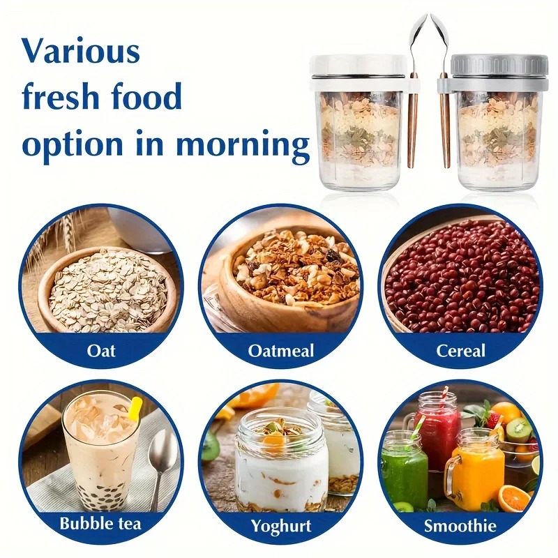 Taza de avena nocturna de 350ML, vaso con tapa y cuchara, taza para desayuno, taza portátil para cereales, leche, ensalada, yogur, artículo de cocina