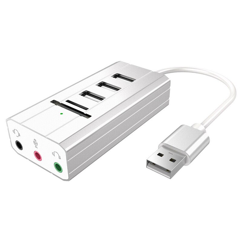 Externe 3.5mm o usb 2.0 geluidskaart met 3 poorts usb hub tf/sd kaartlezer adapter draadkabel: Zilver