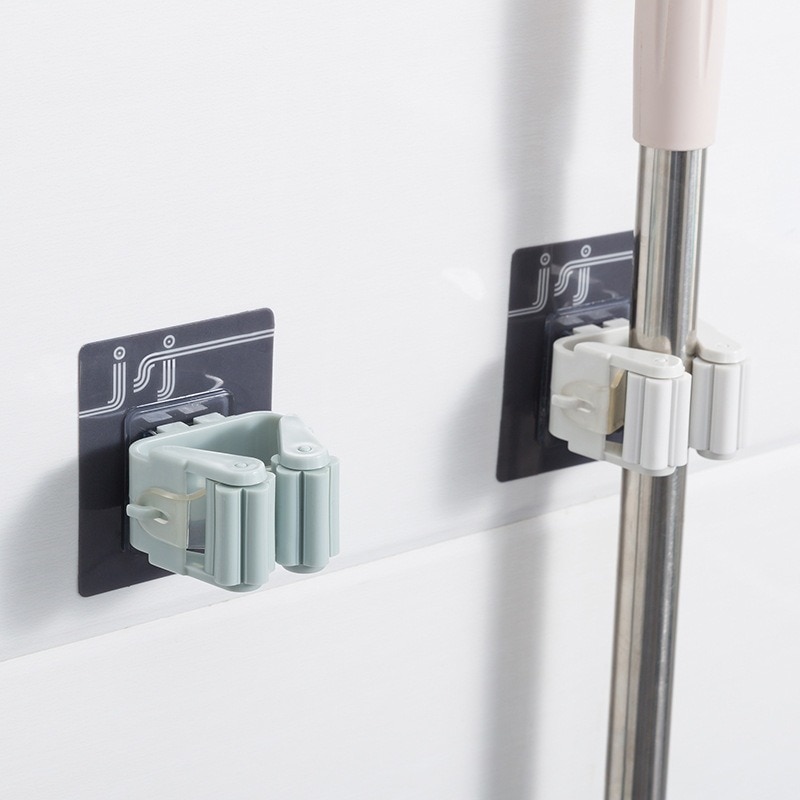 Bathroom no mark stick mop rack wall hanging hole free mop clip nail free hook