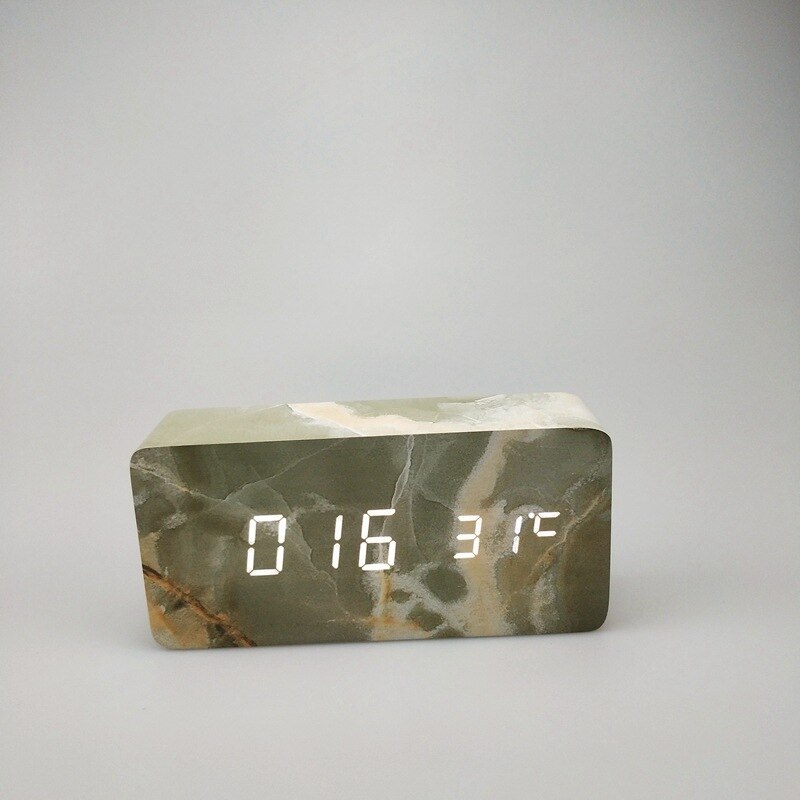 Led wooden marble stone pattern wooden clock temperature clock digital clock sound control electronic alarm clock 1299: Green