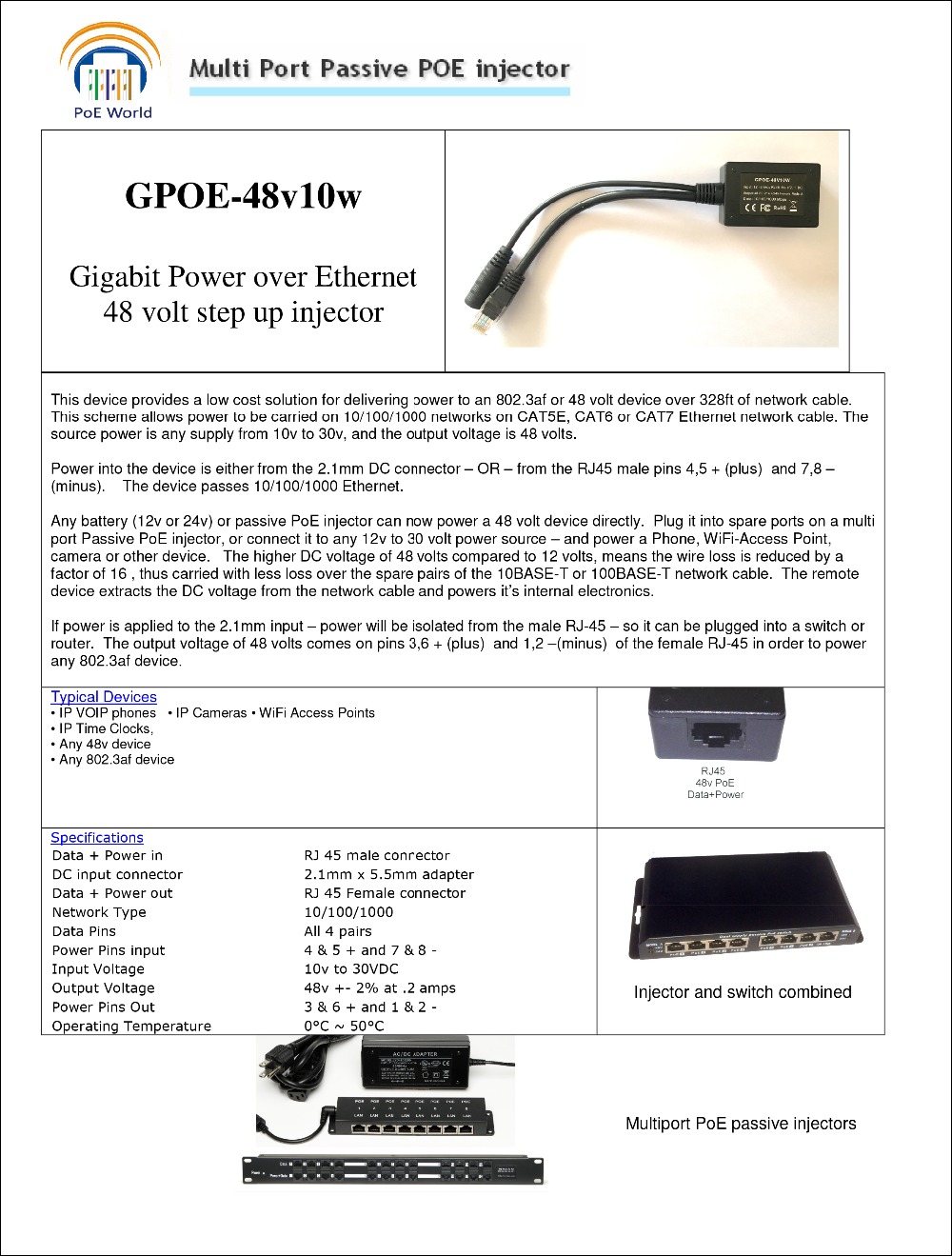PoE Converter 1000mbps POE Splitter Input 10-30V Output 48Volts for any 802.3af / 48V devices