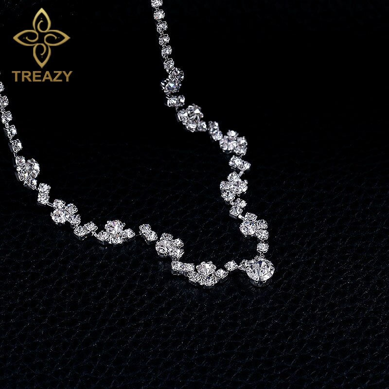 Treazy Verzilverd Rhinestone Crystal Choker Ketting Oorbellen Set Wedding Bridal Bruidsmeisje Afrikaanse Sieraden Sets