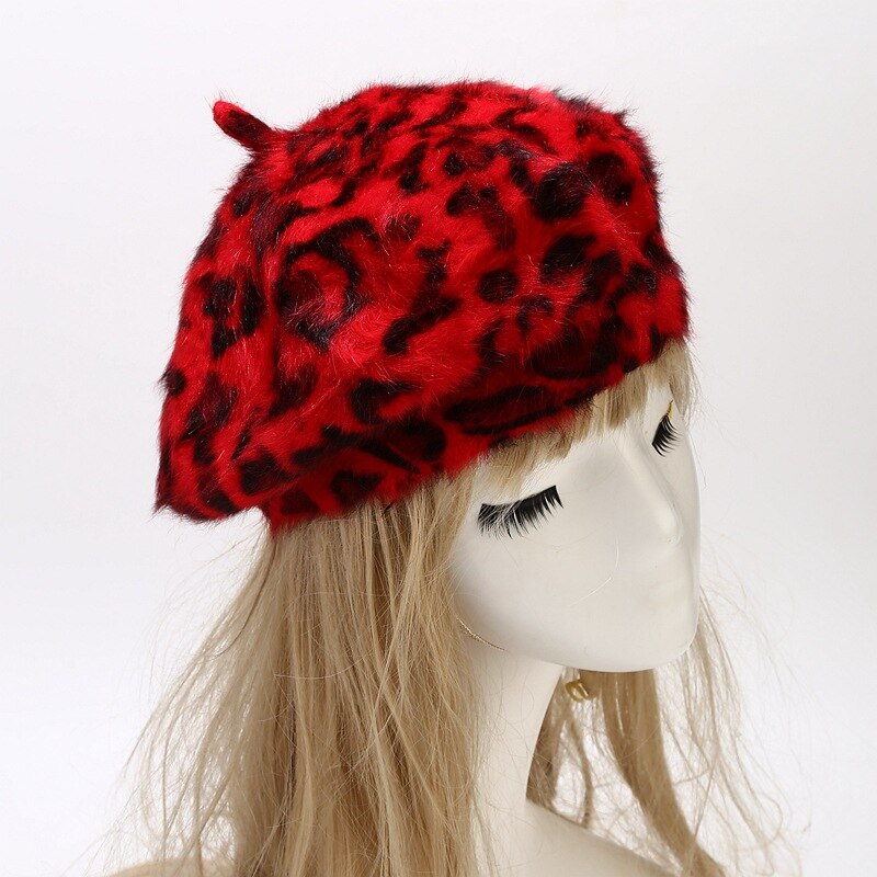 Boinas de leopardo con pelo de conejo peludo para mujer, sombreros de punto con estampado de animales, cálidos y acogedores, novedad, , invierno,: Rojo