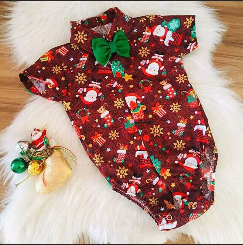 Wallarenear babyjongen kerstkleding bedrukt korte normale mouwen omslagkraag bedekte knoop stijlvolle bodysuit