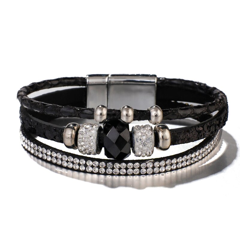 Amorcome Shiny Crystal Charm Leather Bracelets for Women Boho Rhinestone Beads Multilayer Wrap Bracelet Female Jewelry: Black