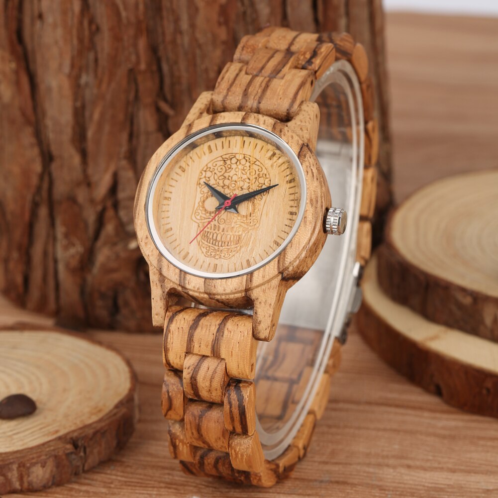 Atractivo reloj de madera de cuarzo para mujer, correa de madera con patrón de esqueleto, reloj de pulsera de cuarzo, para mujer