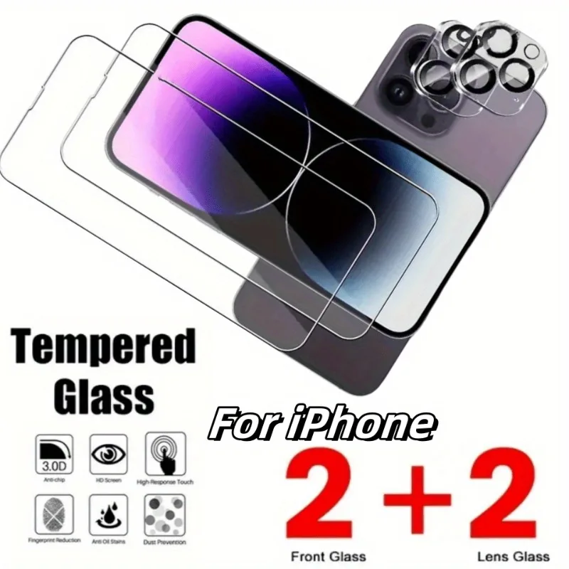 2Pcs HD Tempered Glass Screen Protector With 2Pcs Camera Lens Protector for iPhone 17 16 15 Pro Max 13 12 Mini 11 Pro Glass