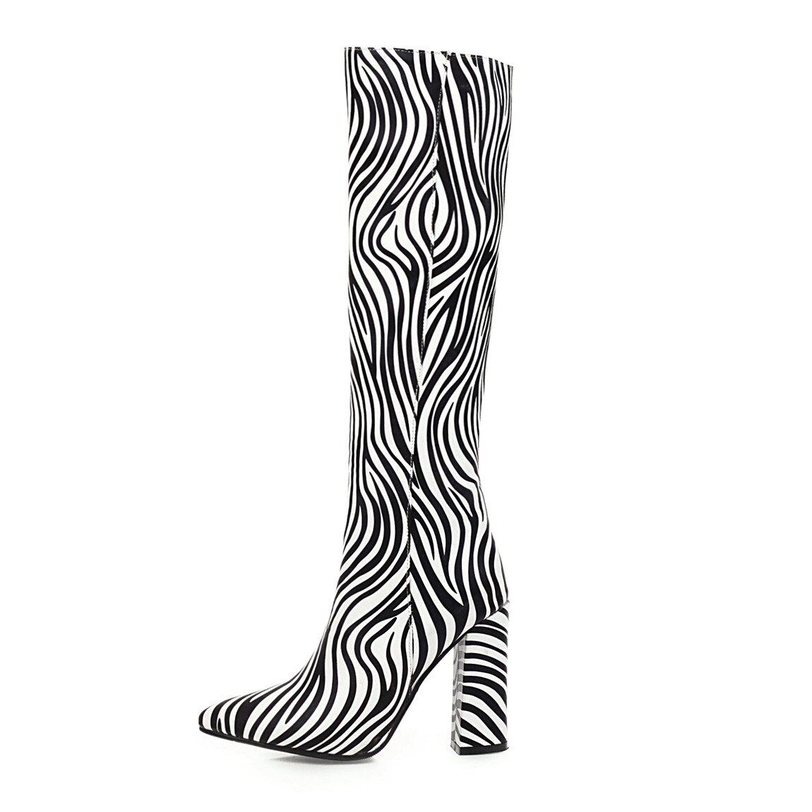 Zèbre rayures bottes femmes carré talons hauts genou bottes simili cuir printemps automne dames chaussures blanc