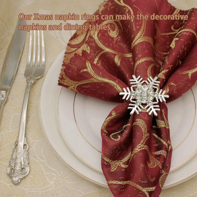 Sæt  of 10 sølv snefnug juleservietringe til spisebordsdækning - rustikke middagsborde, der sætter dekoration