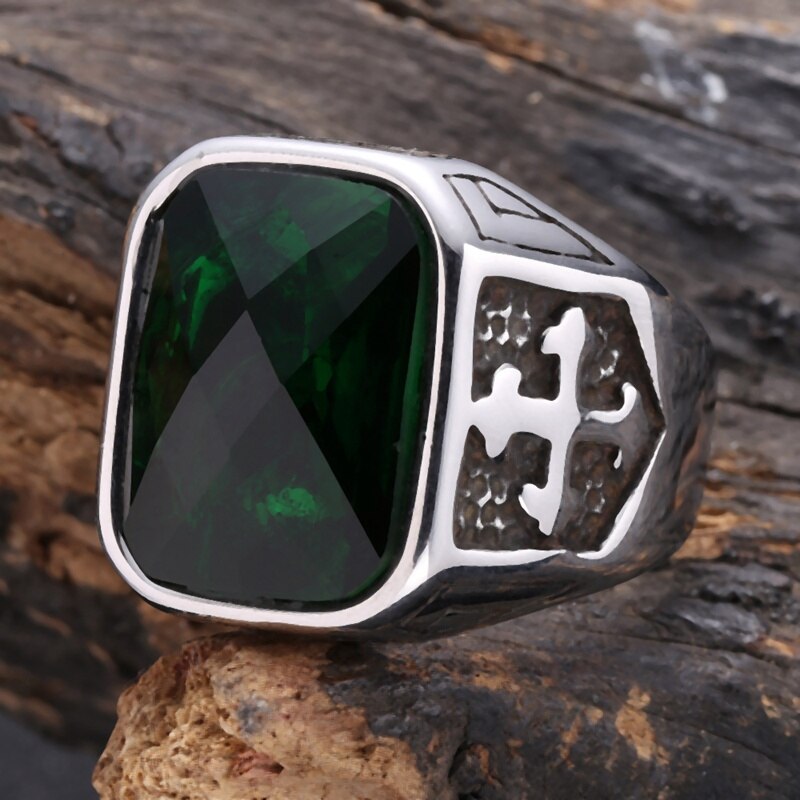 Retro Cross Pattern Green Zircon Stainless Steel Male Ring Charm Men's Accessories Jewelry Anniversary Party JZ0007