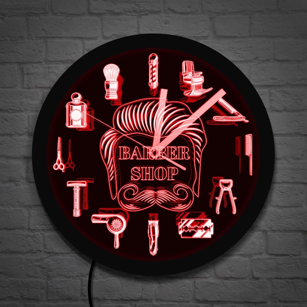 Letrero de negocios LED para barbería, herramientas de peluquero, reloj de pared LED de neón, cambia de Color, reloj de pared moderno con iluminación LED