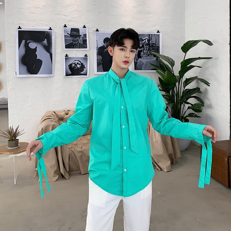 Mannen Mode Strik Tie Lange Mouwen Losse Geel Shirt Party Dress Shirt