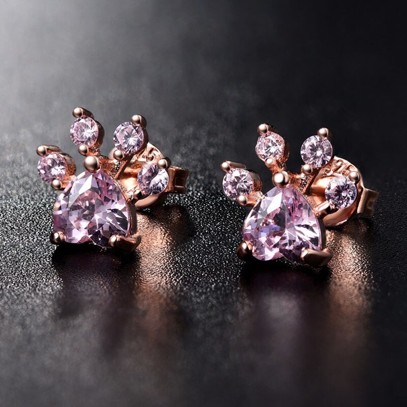 Neue Glänzende Rosa Zucht Ohrringe CZ Katze Bär Hund Pfote Schmuck Für Frauen Rose Gold Kleine Ebene Fußabdruck SchöNe ohrringe