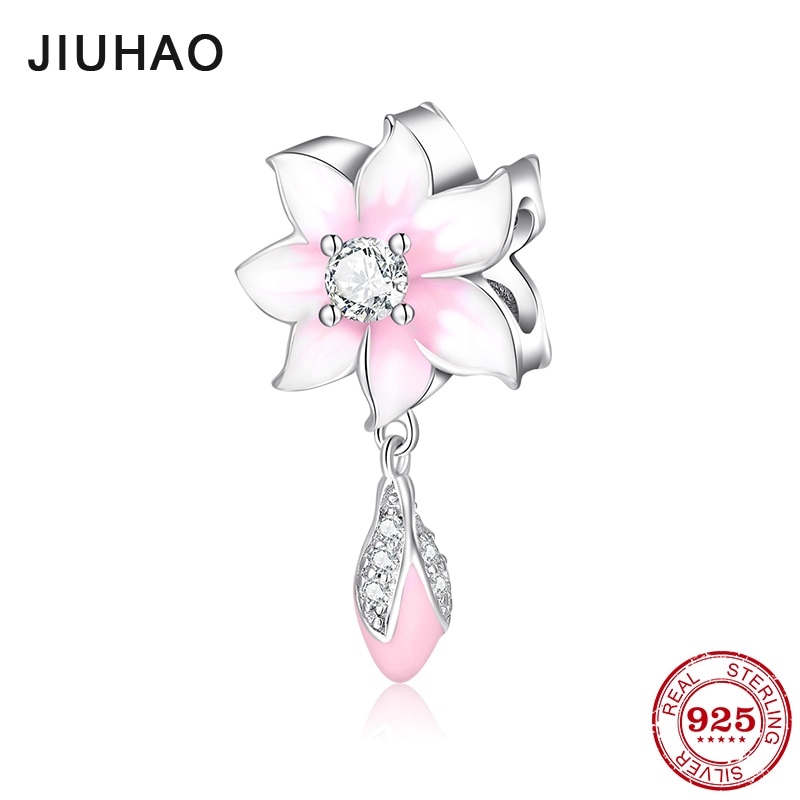 Pink Enamel Flower CZ Charms Beads Dangle Bud Silver 925 Fit Original JIUHAO Charm Bracelets Pendant Jewelry Making