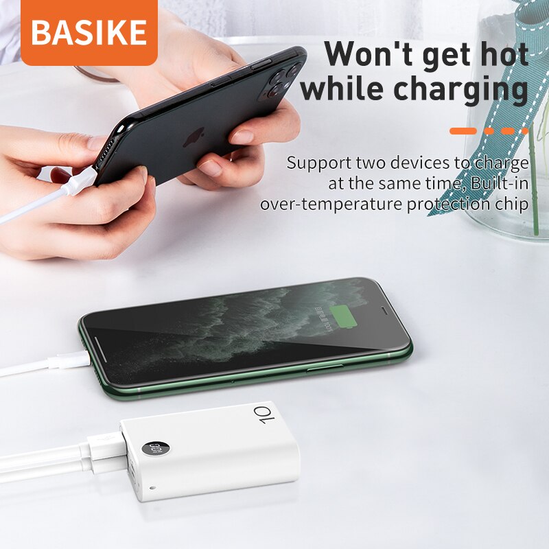 Mini powerbank basike pf23p 10000mah, bateria recarregável portátil, bateria branca, bateria externa para xiaomi, huawei, iphone