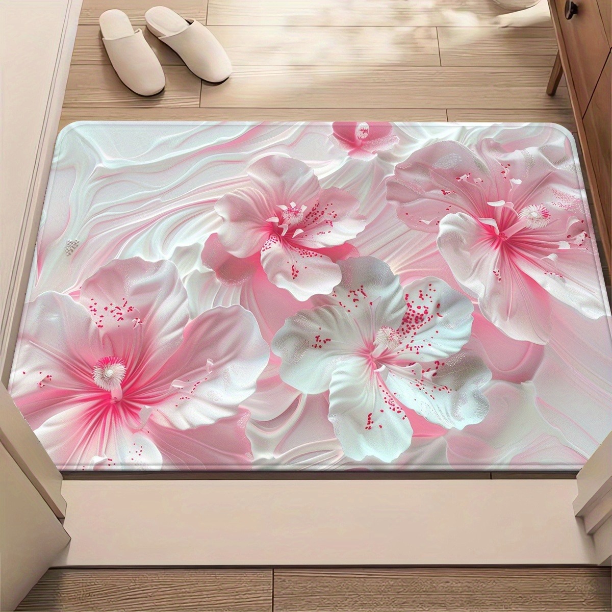 Pastel Pink Hibiscus Floor Mat: Soft Floral Pattern Anti-Slip Door Mat for Bathroom Living Room Kitchen Home Decor