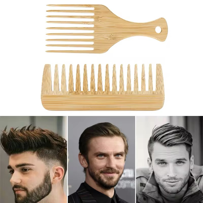 2Pcs/Set Natural Bamboo Wooden Comb Anti-Static Afro Fork Combs Beard Comb Men Women Anti-static Hair Wooden Comb Hair Styling C