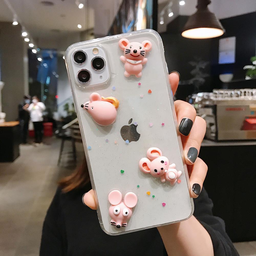 SE2020 Bling Glitter 3D Colorful Mouse Rat Shockproof Phone Case For iPhone 6 6s 7 8 Plus 10 11 Pro Max Xs XR Clear Case: iPhone 7 8 SE2020 / Pink
