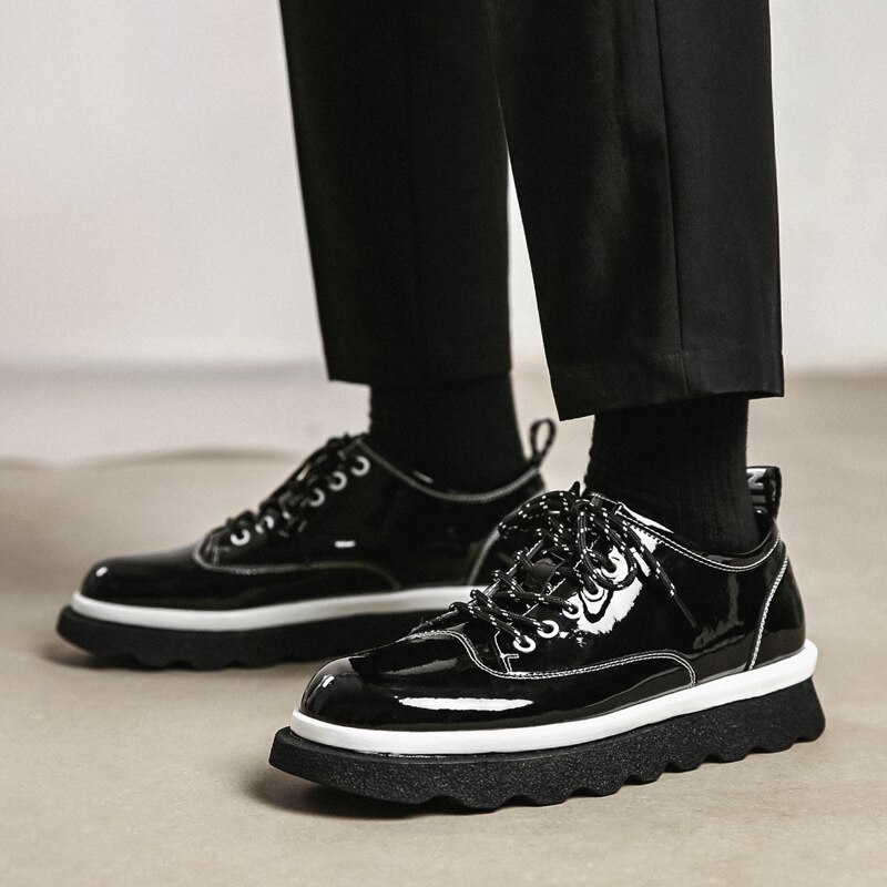Männer lässig Patent Leder Schuhe Koreanische Harajuku Streetwear Dicken Plattform Schuhe Mann Leder erhöhen Schuh Männlichen: 38