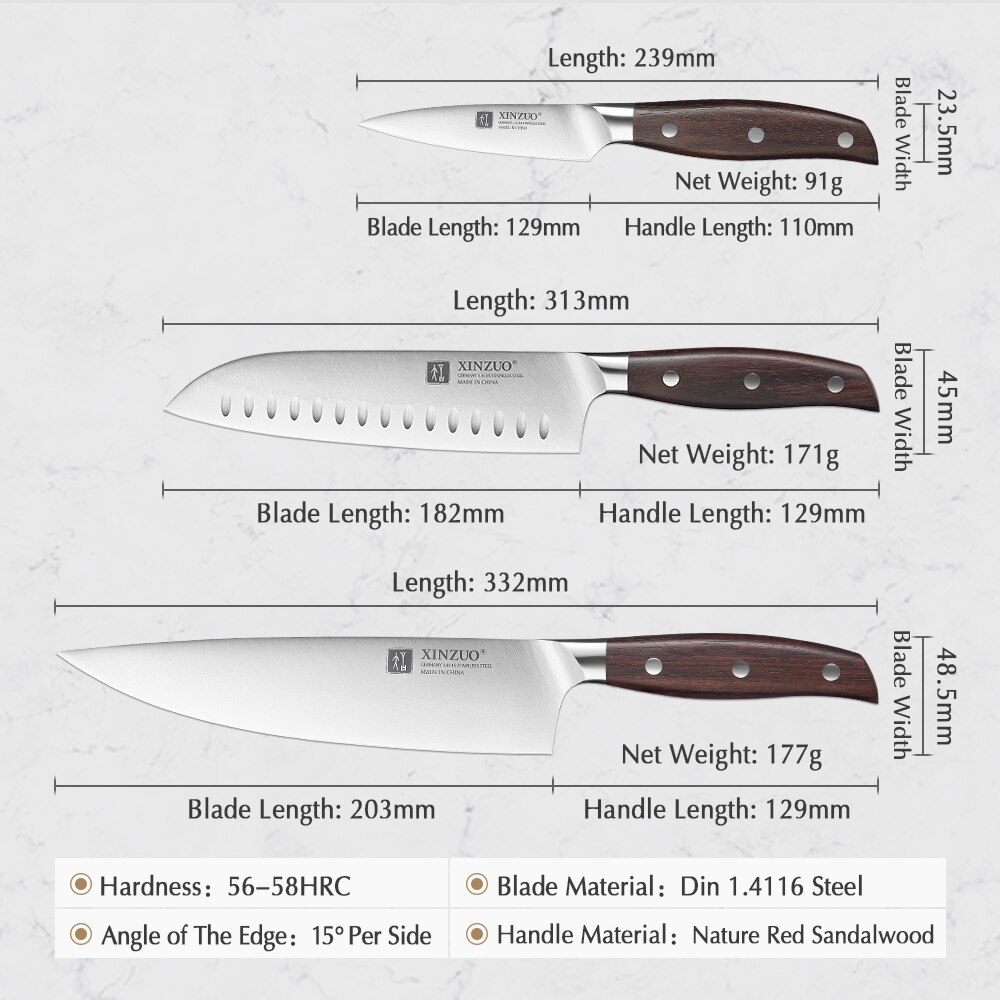 Xinzuo køkkenværktøj 3 stk køkkenkniv sæt værktøj kokken satoku kniv tysk 1.4116 rustfrit stål super skarpt kok tilbehør
