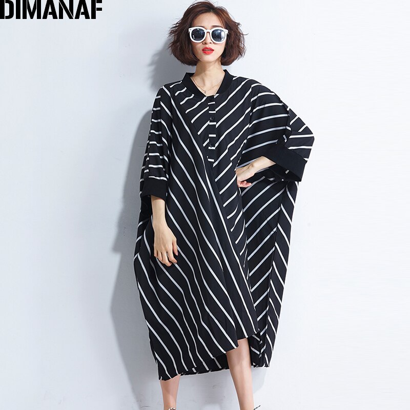 Dimanaf kvinder sommerkjole plus size femme dame vestido løs stort stort tøjprint stribet sort afslappet kjole med flagermusærmer