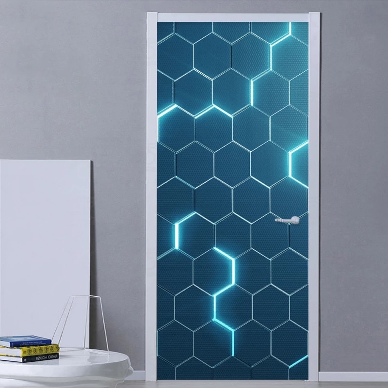 Modern Door Sticker 3D Stereo Abstract Geometric Blue Circuit Door Mural Pvc Self-Adhesive Waterproof Door Poster Decal