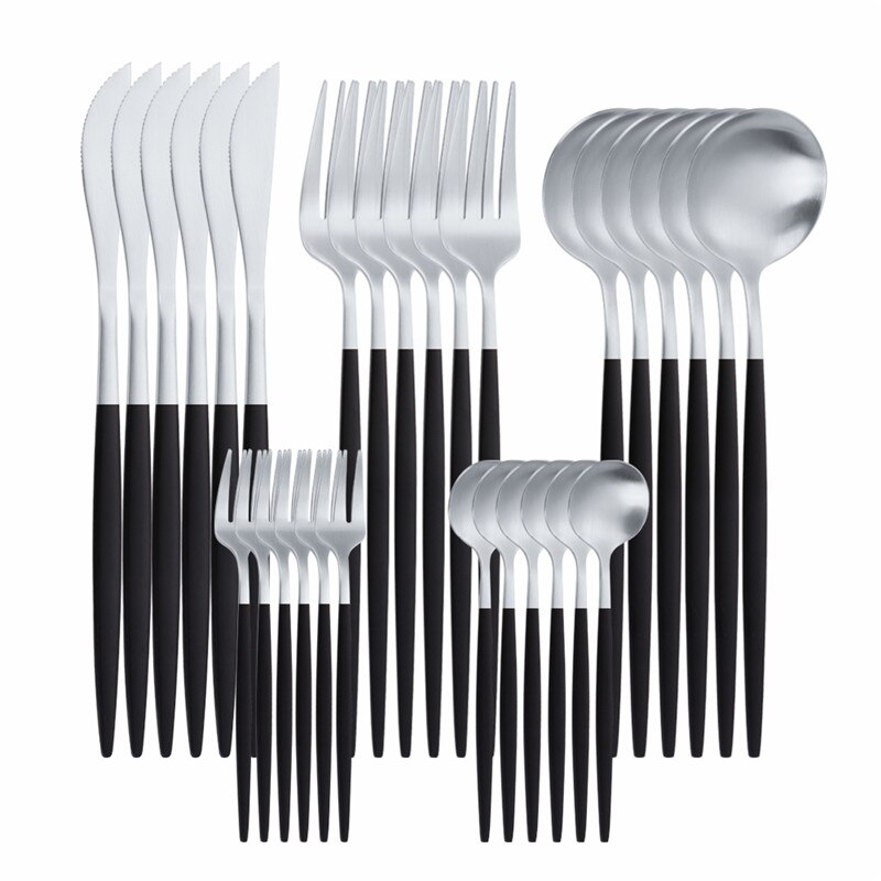 30 Pcs Matte Flatware Tableware Fork Knive Spoon Stainless Steel White Golden Cutlery Set Home Kitchen Tableware Set Dinnerware: black silver 30pcs